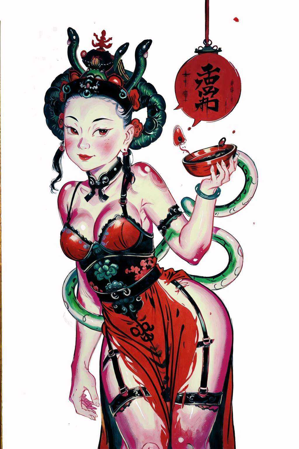 <lora:Doorgods:0.65>, chinese door gods, painting, drawing, 1girl, demon girl, leaning back, (snakes), seductive smile, looking at viewer, blush, negligee, garter straps, red light, curvy, simple background,