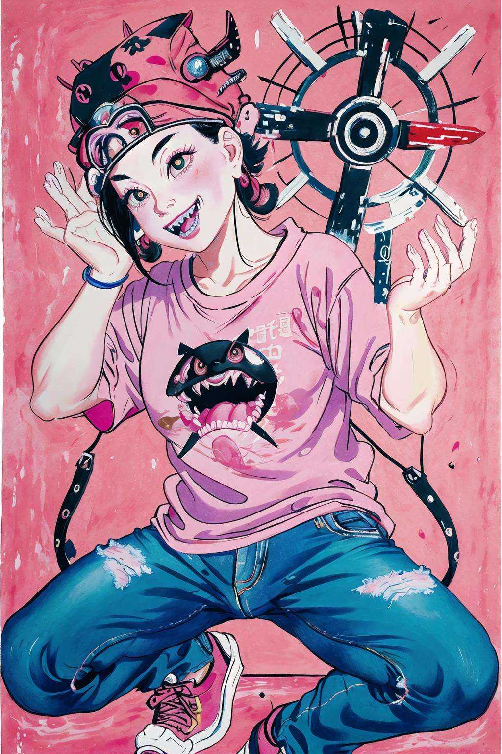 <lora:Doorgods:0.65>, chinese door gods, painting, drawing, 1girl, sharp teeth, symbol-shaped pupils, cross-shaped pupils, big smile, wearing salmon pink t-shirt, jeans shorts, digital art