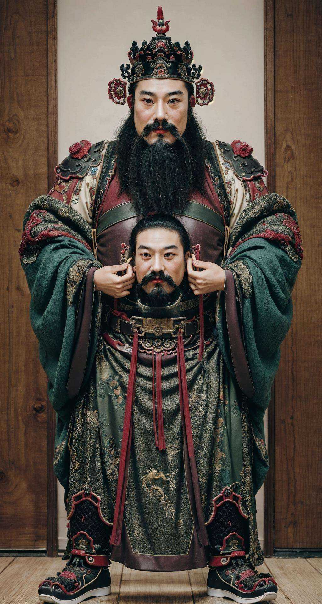 <lora:Doorgods:0.65>, chinese door gods, 1girl, beard, looking at viewer, Perfect body, natural skin texture, Best quality, masterpiece, pose, mustache 