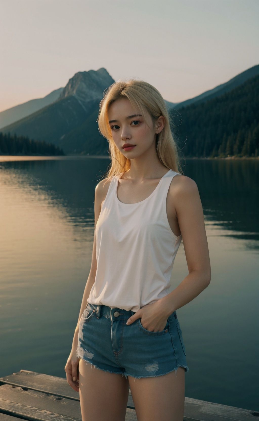 A young woman stands on a weathered wooden dock extending over a still mountain lake at dusk. Dressed in cutoff denim shor...