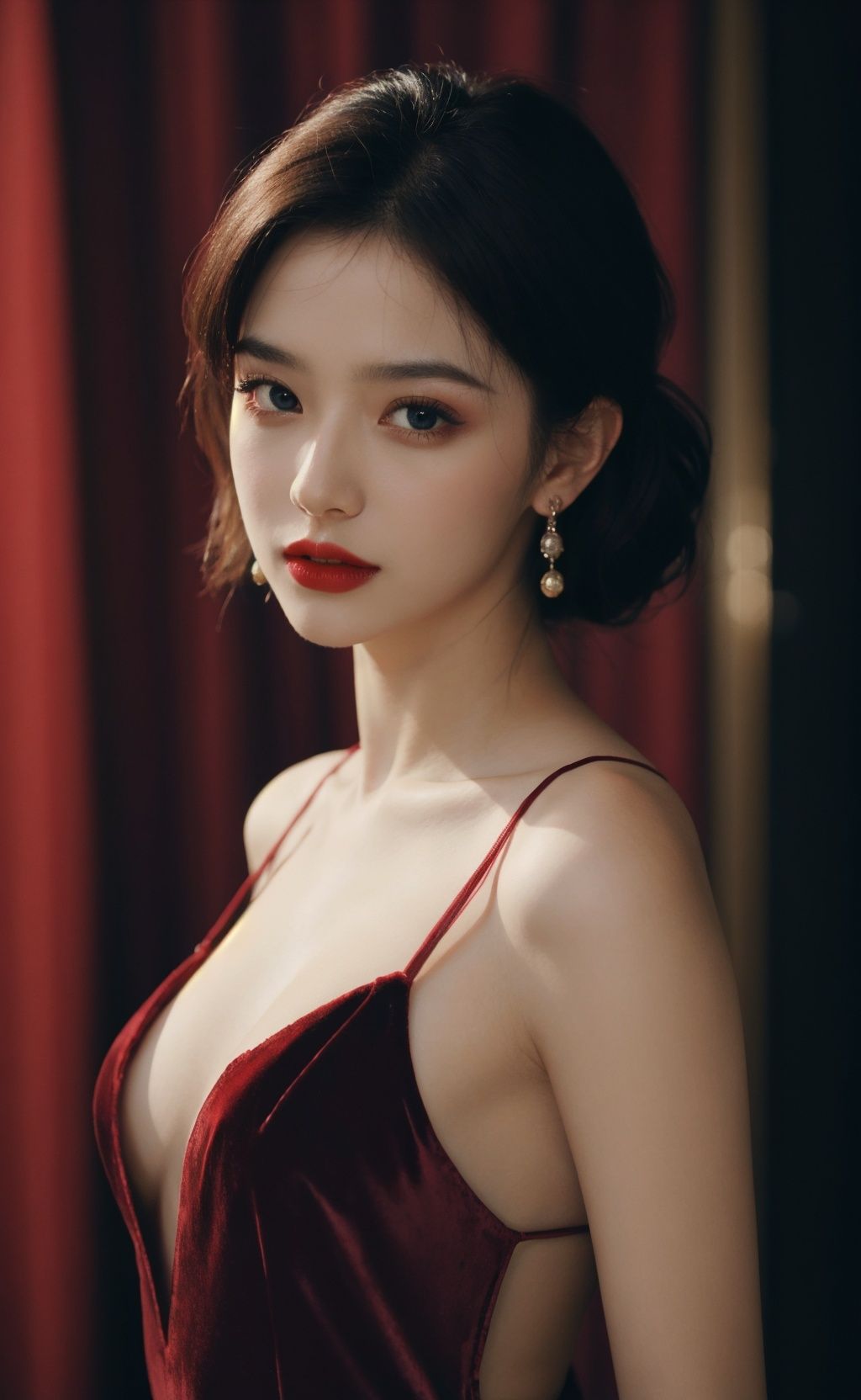 Classic Hollywood glamour,  girl in a stunning red evening gown,  dazzling accessories on Tensor.Art