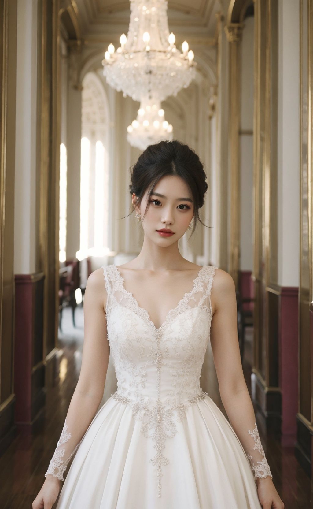 A girl in a modern,  elegant ball gown,  styled with a sleek updo and minimalist jewelry. She should have a confident on T...