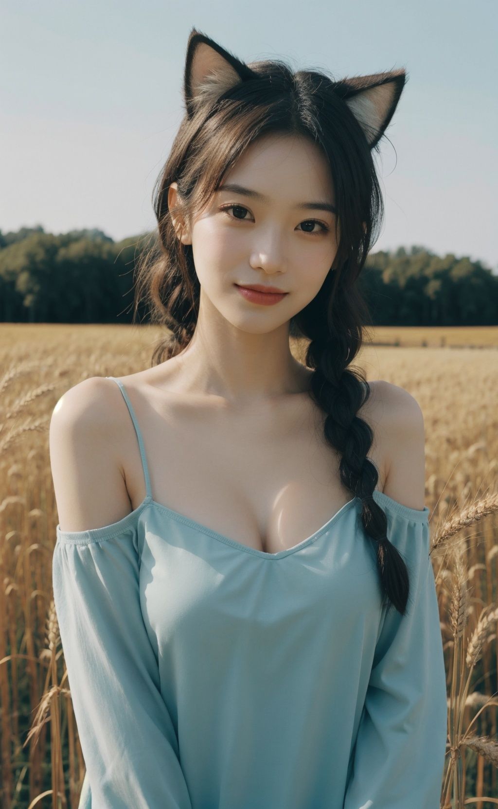 young 1girl with braided hair and fluffy cat ears,  dressed in Off-Shoulder Sundress,  standing in a rustic farm setting....