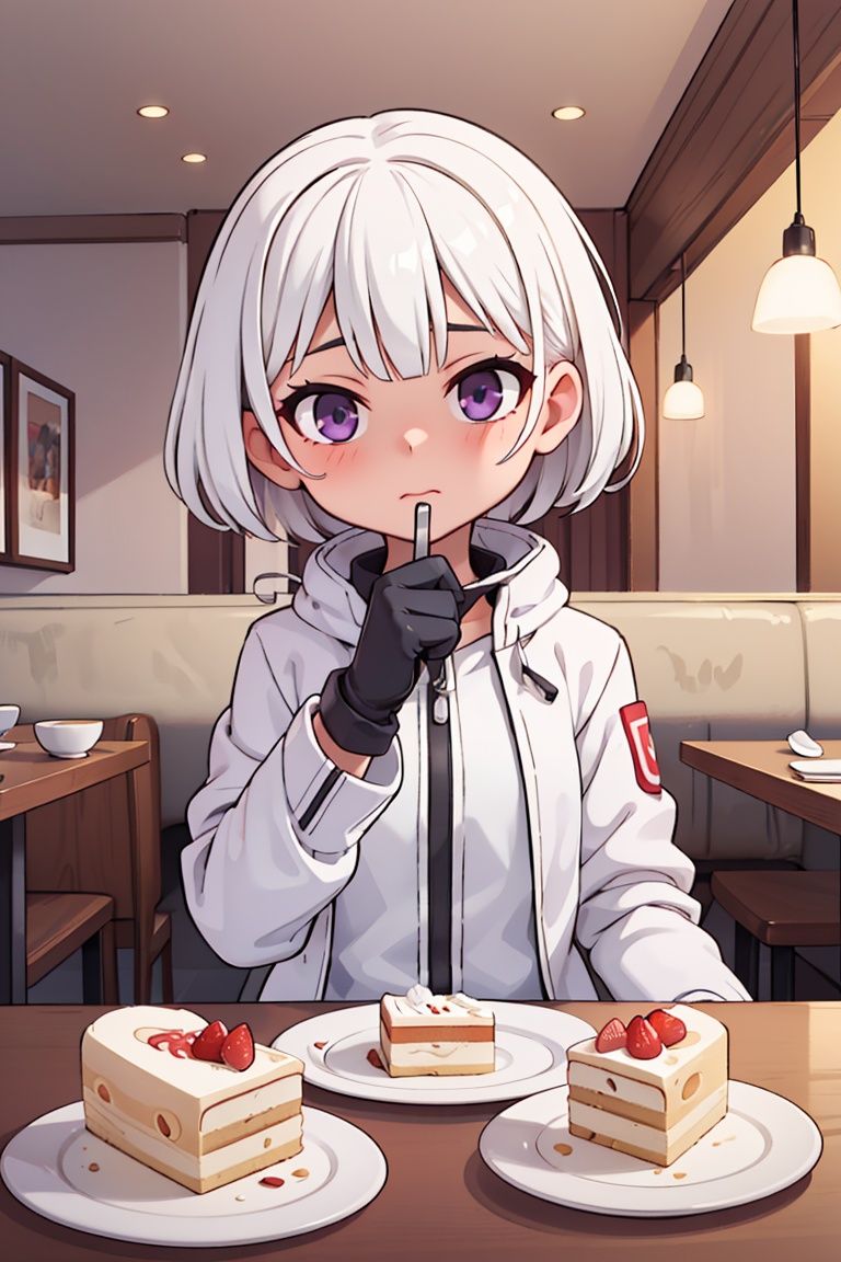 masterpiece,best quality,dramatic, 1girl, solo, gloves, holding, purple eyes, looking at viewer, black gloves, sitting, bangs, long sleeves,  white hair, jacket, holding spoon, cake,short hair, upper body, white jacket, restaurant , <lyco:GoodHands-beta2:1.0> <lora:more_details:0.3>,