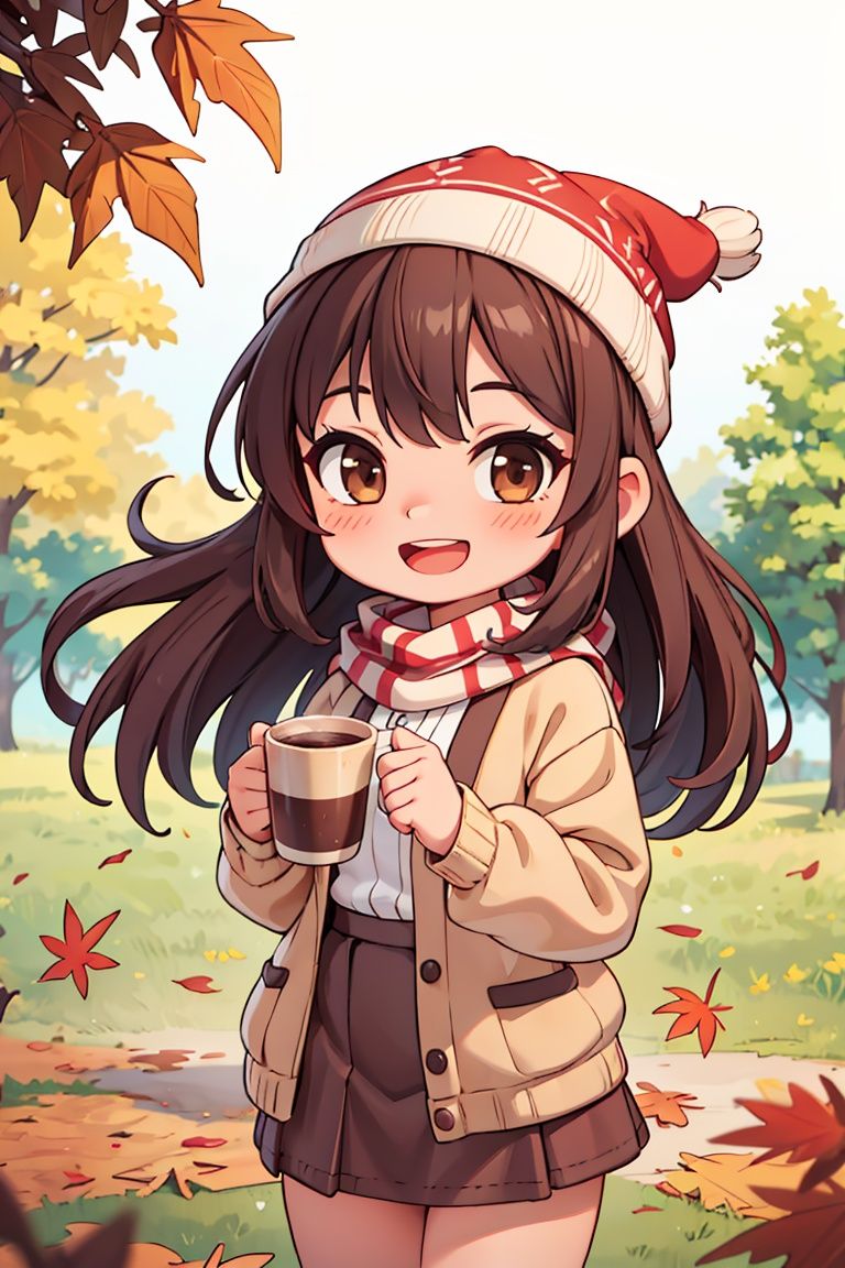 chibi,extremely detailed, intricate, masterpiece, absurdres,1girl, (\:d:1.0) autumn leaves, bangs, black headwear, blurry background, blush, brown eyes, brown hair, brown scarf, brown skirt, cardigan, cowboy shot, disposable cup, falling leaves, beanie, holding, holding coffee, leaf, long hair, long sleeves, looking at viewer, open cardigan, open mouth, plaid skirt, puffy long sleeves, red sweater, scarf, shirt tucked in, sidelocks, skirt, smile, solo, sweater, white shirt,, <lyco:GoodHands-beta2:1.0> <lora:more_details:0.3>, 