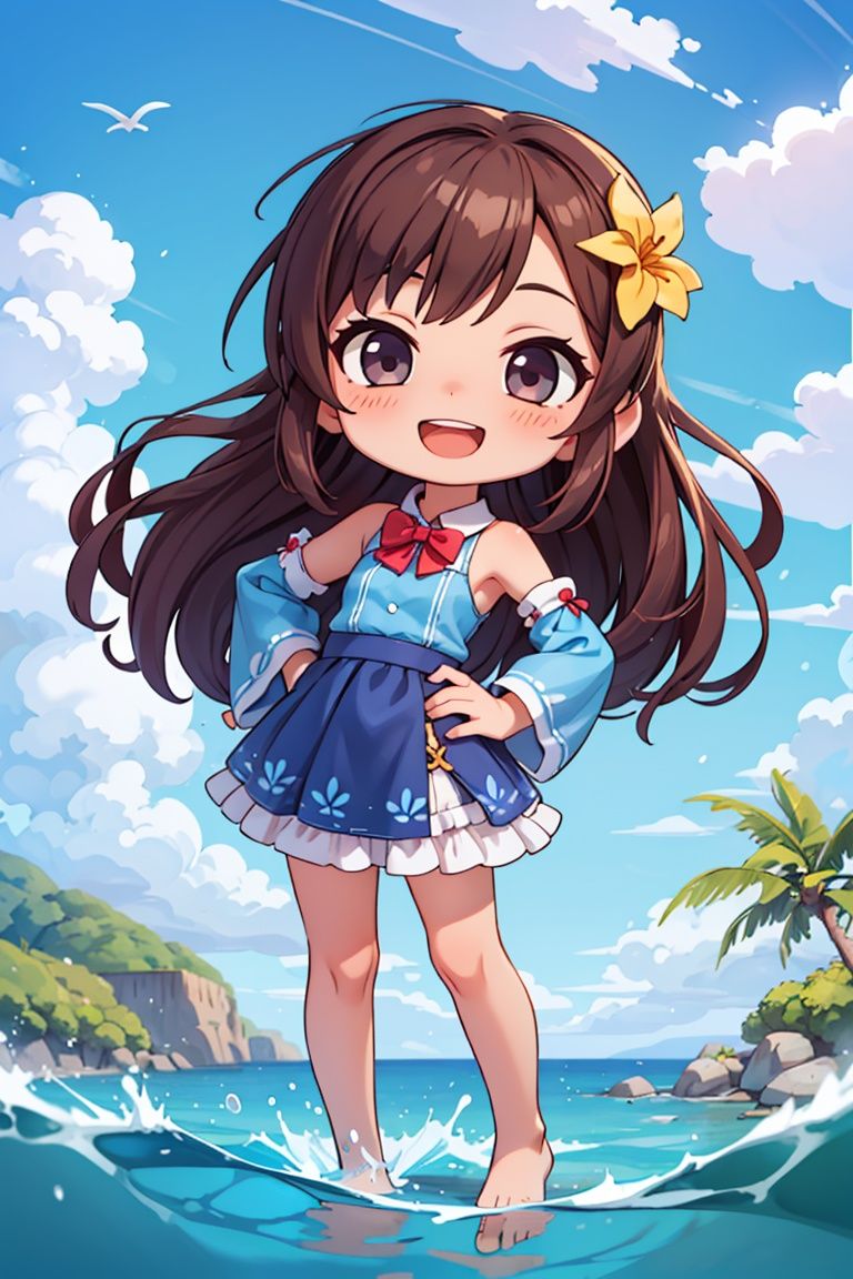 (chibi:1.4),masterpiece,best quality,dramatic, 1girl, solo,  long hair, brown hair, detached sleeves, open mouth, smile, outdoors, water, sky, day, hand on hip, hair ornament, pointing, cloud, ocean, dress,  blush, blue dress, wading,  blue sky, bow, standing, :d, frills, beach, bangs, barefoot, hair flower, skirt, ^_^, facing viewer,  bowtie, teeth, <lyco:GoodHands-beta2:1.0> <lora:more_details:0.3>, 