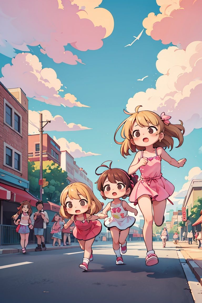 masterpiece,best quality,landscape, dramatic, 2girls , running, blonde girl and brown hair girl,pink (((kawaii))) sundress, street, crowd, clouds,<lyco:GoodHands-beta2:1.0> <lora:more_details:0.3>,