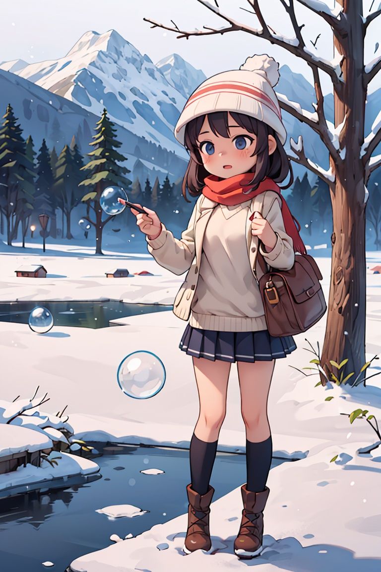 masterpiece,best quality,landscape, landscape, (1girl, tall, matured:1.2), sweater, bubble hat, scarf, snow, snowy mountain, cabin, trees,<lyco:GoodHands-beta2:1.0> <lora:more_details:0.3>,