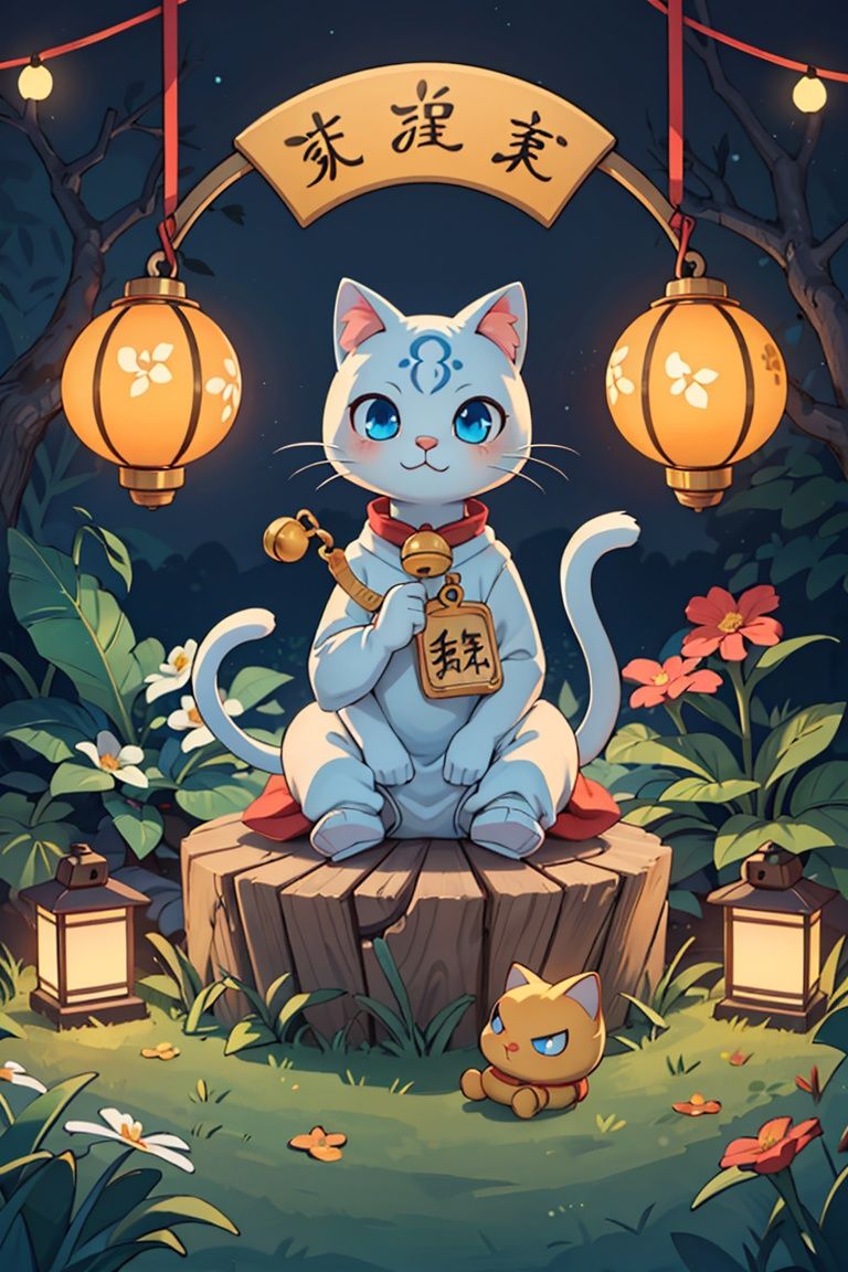 masterpiece,best quality,(no humans,:1.2) maneki-neko , (1tail),solo, neck bell,blue eyes, flower,1lantern, sitting, full body, ^_^,outdoors,night,garden background, <lora:more_details:0.3>,