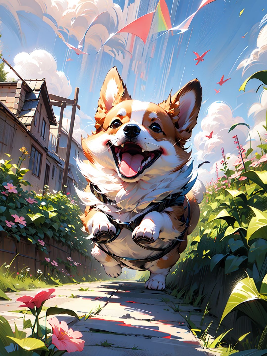 Master works, high quality, film quality, a dog, corgi, flying in the sky, with sun goggles, clouds, rainbows, wings,MG keji,solo,, <lora:EMS-5749-EMS:1>