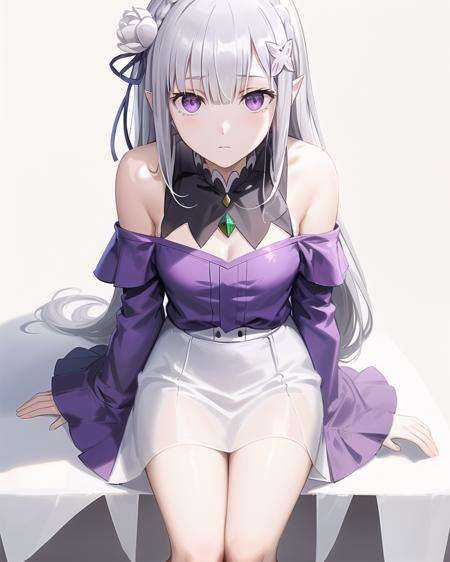 best quality,highly detailed,masterpiece,ultra-detailed,1girl,(white background),simple background,Delicate eyes,emilia_\(re:zero\),silver hair, purple eyes,hair_ornament,(off-shoulder shirt:1.3),long hair,pointy_ears,crown_braid,expressionless,Straight hair,(++sitting:1.2),