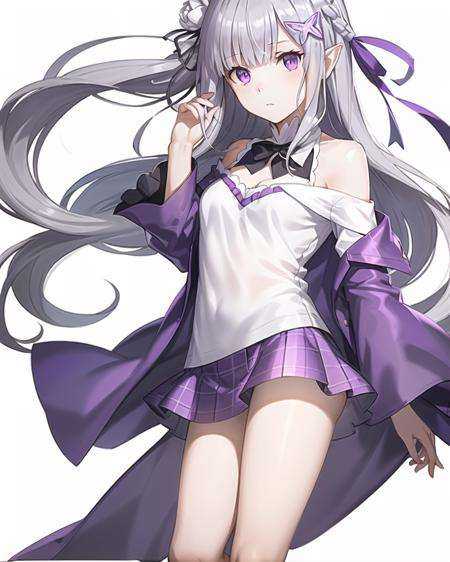 best quality,highly detailed,masterpiece,ultra-detailed,1girl,(white background),simple background,Delicate eyes,emilia_\(re:zero\),silver hair, purple eyes,hair_ornament,(off-shoulder shirt:1.3),long hair,pointy_ears,crown_braid,expressionless,Straight hair,(++leg up:1.2),