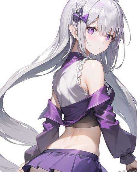 best quality,highly detailed,masterpiece,ultra-detailed,1girl,(white background),simple background,Delicate eyes,emilia_\(re:zero\),silver hair, purple eyes,hair_ornament,(white crop top:1.3),long hair,pointy_ears,crown_braid,expressionless,Straight hair,(++looking back:1.2),skirt, 
