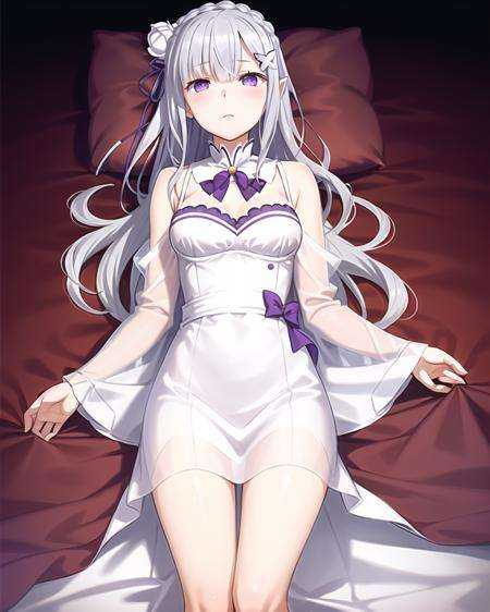 best quality,highly detailed,masterpiece,ultra-detailed,1girl,(white background),simple background,Delicate eyes,emilia_\(re:zero\),silver hair, purple eyes,hair_ornament, long hair,pointy_ears,crown_braid,(sleepy:1.2),Straight hair,lying