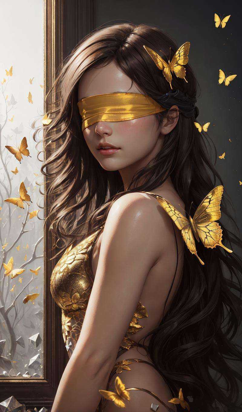 (golden-blindfold:1.2),8k portrait of beautiful cyborg with brown hair,intricate,elegant,highly detailed,majestic,digital photography,art by artgerm and ruan jia and greg rutkowski surreal painting gold butterfly filigree,broken glass,(masterpiece, sidelighting, finely detailed beautiful eyes:1.2),hdr,<lora:YKHB-000000:0.3>,