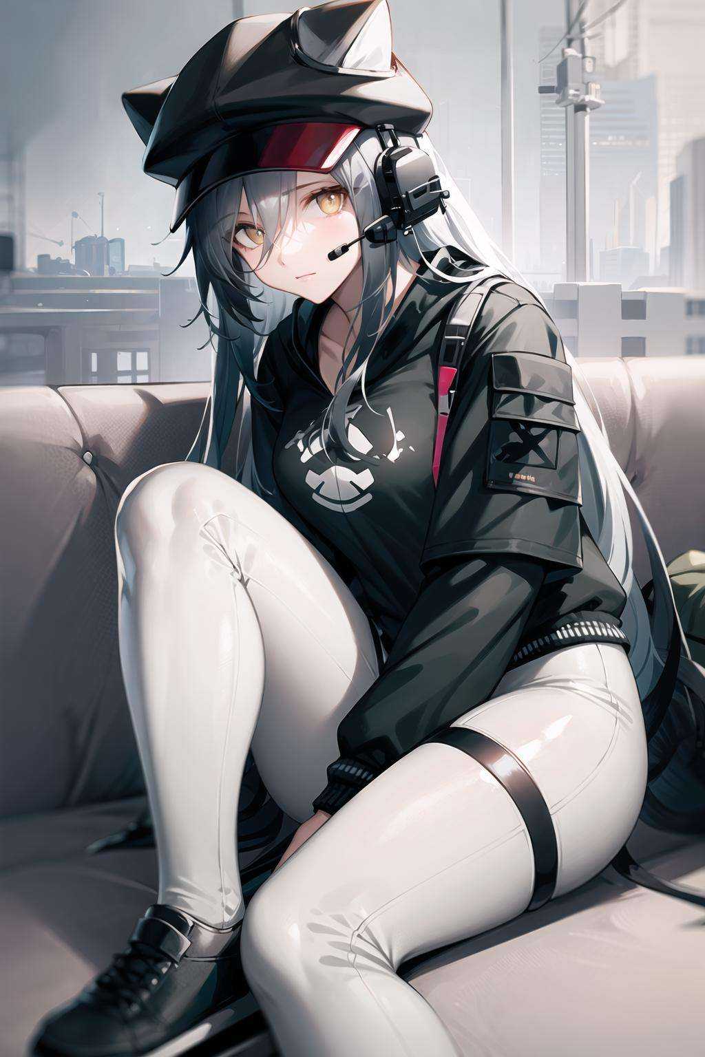 skyline, 1girl, solo, pants, sitting, looking at viewer, white pants, jacket, cup, holding, long sleeves, headset, black jacket, thigh strap, holding cup <lora:skyline-000008:1>