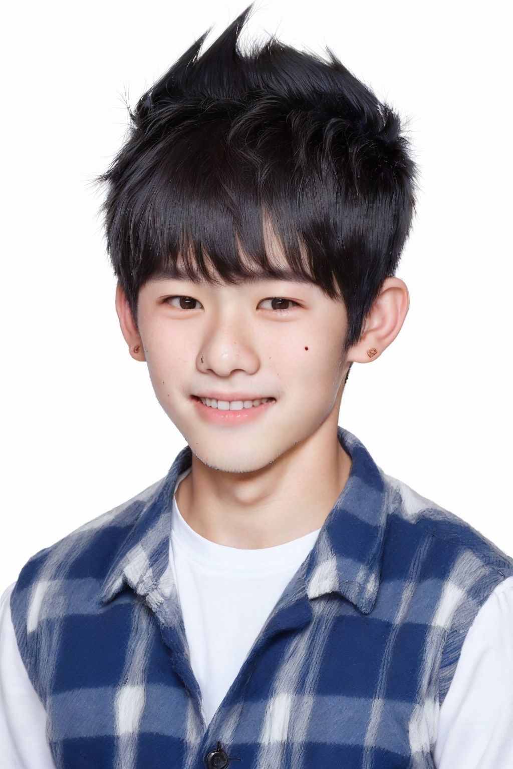 ID photo, (a 15-year-old boy:1.5), solo, upper body, a small Asian boy,(mohawk:1.5), (beauty mole:1.5), plaid vest. He smiles at the camera, (white background:1.5), blue_IDphoto,1.1,blue_IDphoto