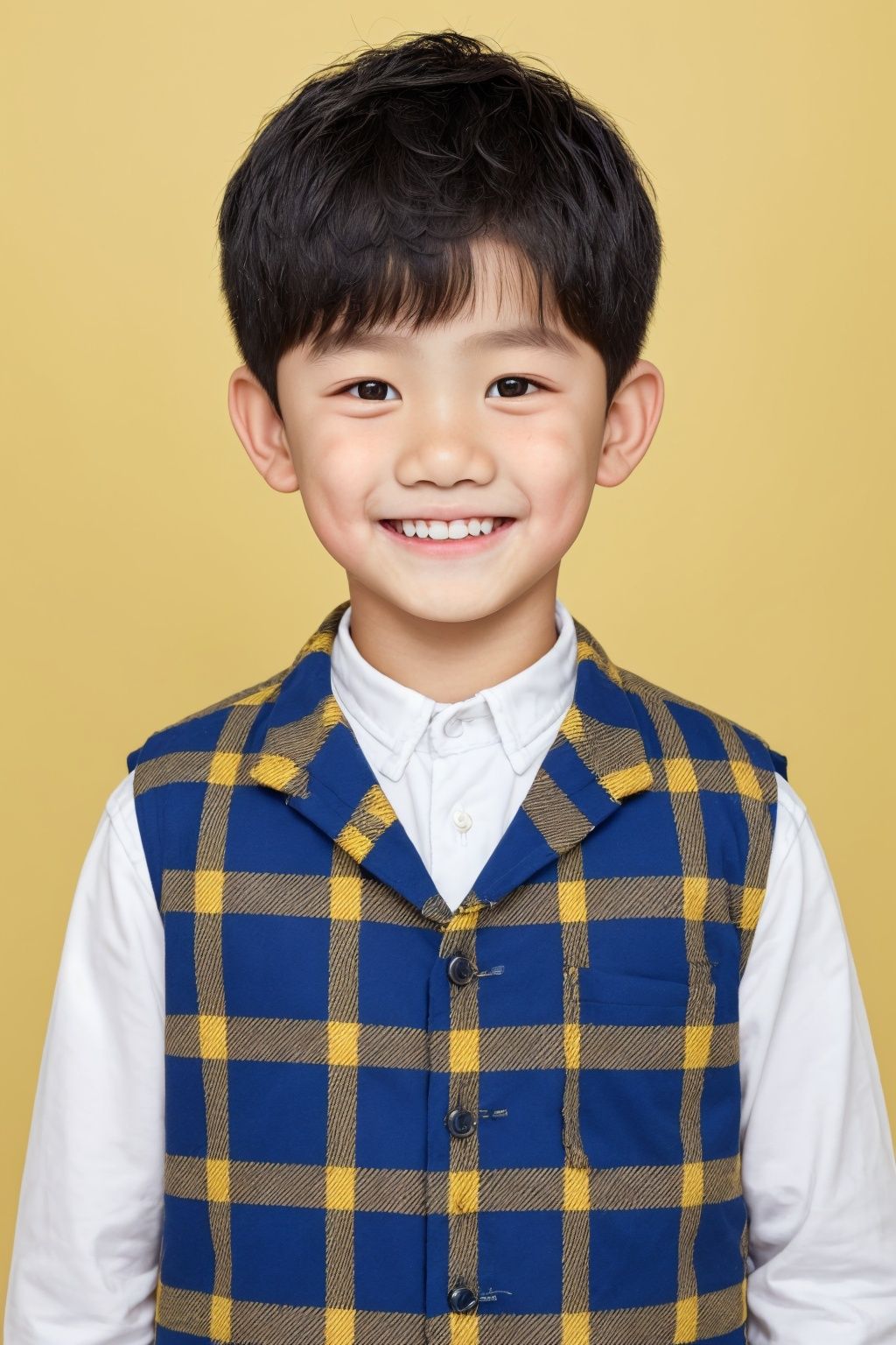 ID photo,bareheaded (a 5-year-old boy: 1.5), solo, upper body, a small Asian boy with short hair, chubby, (beauty mole: 1.5), plaid vest. He smiles at the camera, (yellow solid background: 1.5), blue_IDphoto,blue_IDphoto