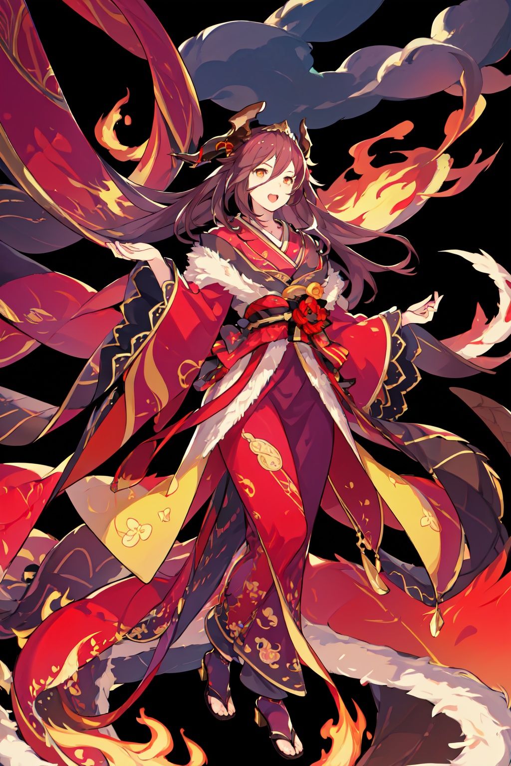 masterpiece,best quality,absurdres,colorful,Dragalia_MYM,floating fire,1girl, solo,Stocking,kimono,white dress,looking at viewer,horns,open_mouth,dynamic pose,full_body,sky,clouds,colorful world,fire dragon