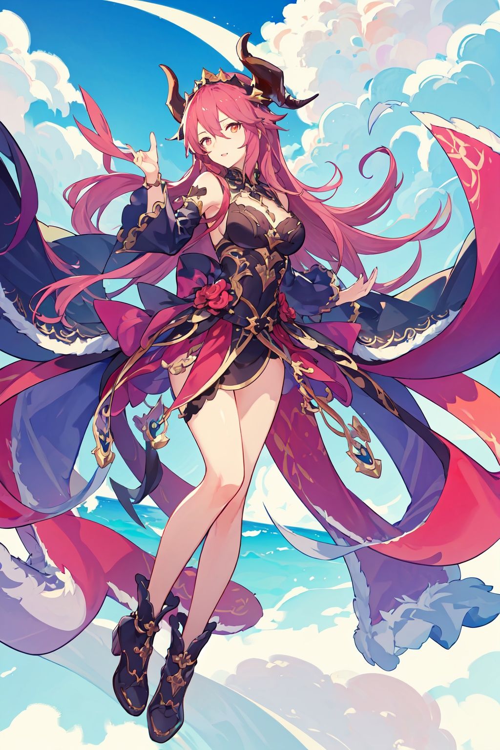 masterpiece,best quality,absurdres,colorful,Dragalia_MYM,1girl, solo, looking at viewer,horns,dynamic pose,full_body,sky,clouds,