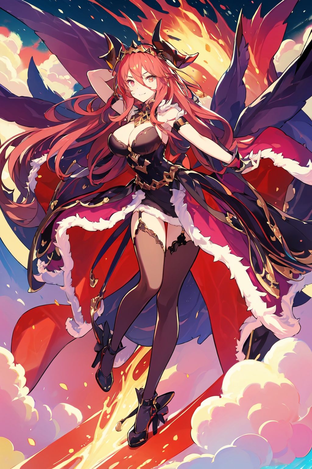 masterpiece,best quality,absurdres,colorful,Dragalia_MYM,fire,1girl, solo,black Stocking,looking at viewer,horns,dynamic pose,full_body,sky,clouds,colorful world