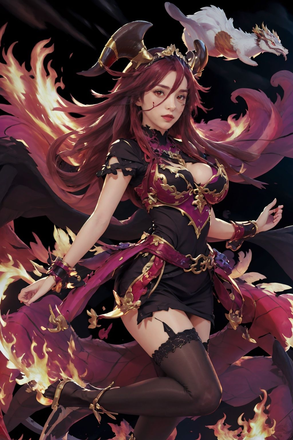 masterpiece,best quality,absurdres,colorful,Dragalia_MYM,floating fire,1girl, solo,stockings,dress,looking at viewer,horns,dynamic pose,full_body,sky,clouds,colorful world,fire dragon