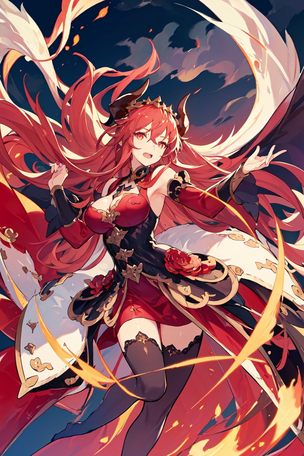 masterpiece,best quality,absurdres,colorful,Dragalia_MYM,floating fire,1girl, solo,stockings,white dress,looking at viewer,horns,open_mouth,dynamic pose,full_body,sky,clouds,colorful world,fire dragon