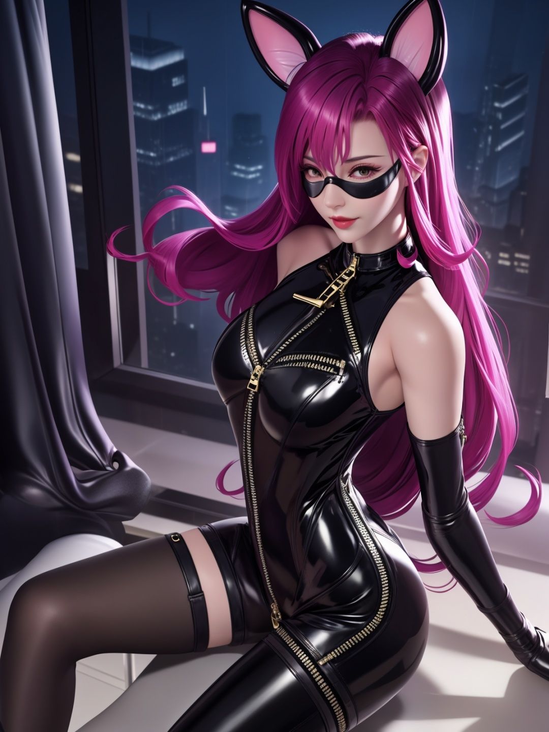 fake animal ears, latex,bodysuit, zipper,eye mask,bare shoulders, looking at viewer, arms behind back,on bed, bedroom, sitting,on back,  <lora:AkeAnyemaoniang_20230709175919-000008:0.7>,from below, legs up, 