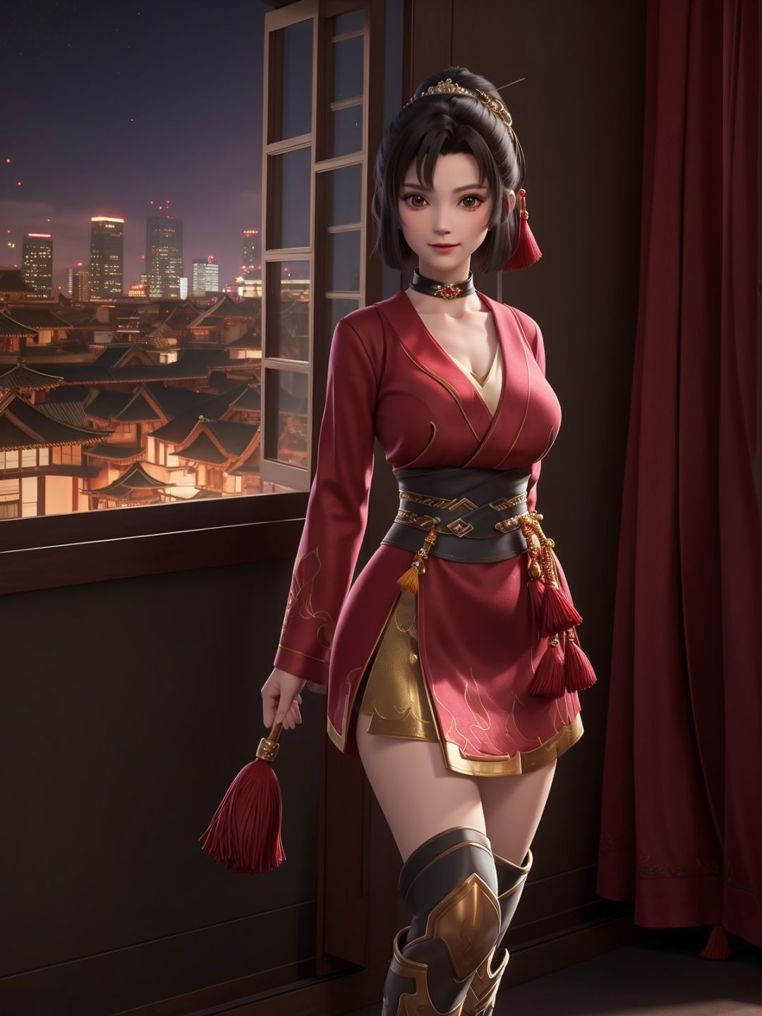 mature female,arms behind back,cityscape,night,facial mark,close-up,indoors,window,1girl,blush,looking at viewer,standing,hair ornament,short hair,boots,tassel,obi,ponytail, choker,long sleeves,  <lora:云缨508V3:0.75>