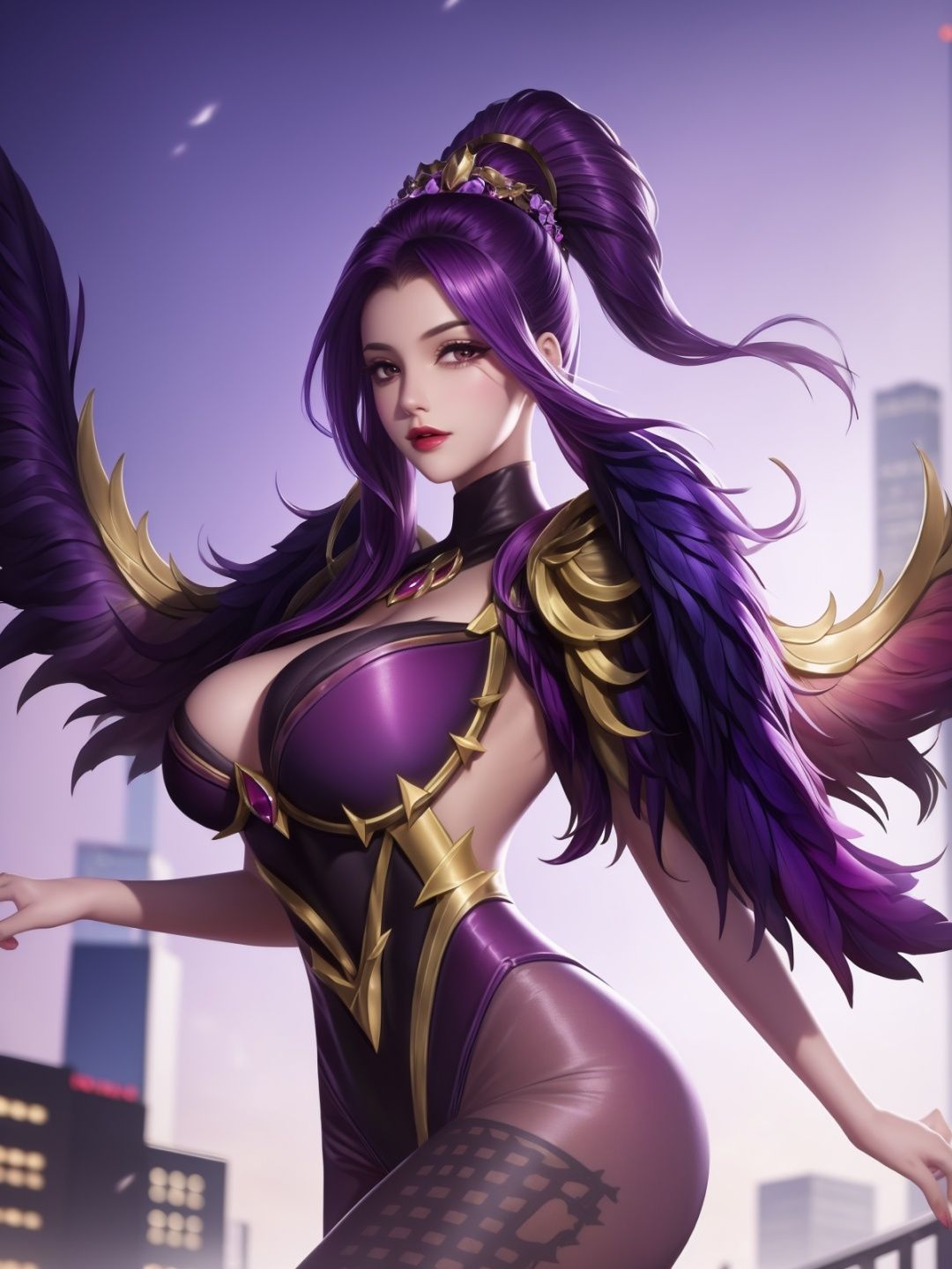 hair ornament,pantyhose,purple bodysuit,feathers,cityscape,lake,looking at viewer,jewelry,huge breasts,arms behind back,wings,high ponytail,crown, <lora:miyue_20230709210353-000006:0.75>
