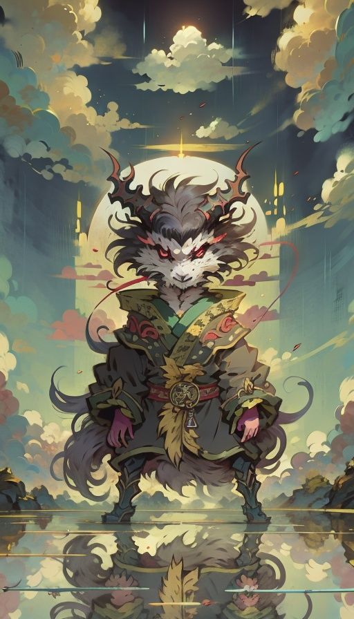 Best quality,masterpiece,ultra high res,nu no humans, (long:1.2),  1girl, black hair, letterboxed, cloud, reflection, sky, horns, japanese clothes, water, outdoors, standing, short hair, solo, red eyes, scenery. <lora:东方巨龙Oriental giant dragon_1.0:0.8> <lora:wswx-000014:0.9>