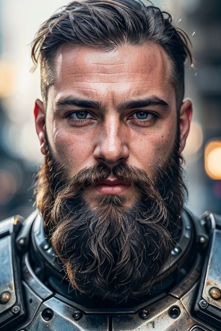 Portrait photo of muscular bearded guy in a worn mech suit,  ((light bokeh)),  intricate on Tensor.Art