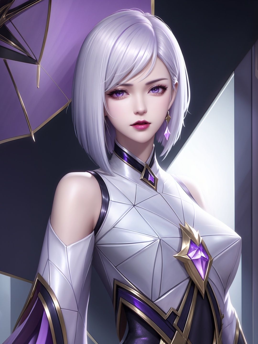 short hair,purple hair ornament,looking at viewer,cityscape,night,gem,jewelry,mature female, parted bangs, white hair, shiny hair,arms behind back,angry,  <lora:Jing_20230709202801-000007:0.7>