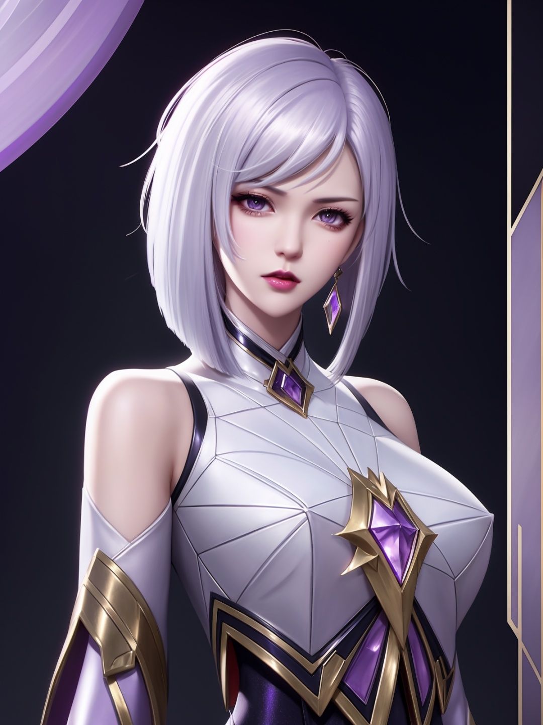 short hair,purple hair ornament,looking at viewer,cityscape,night,gem,jewelry,mature female, parted bangs, white hair, shiny hair,arms behind back,angry,  <lora:Jing_20230709202801-000007:0.7>
