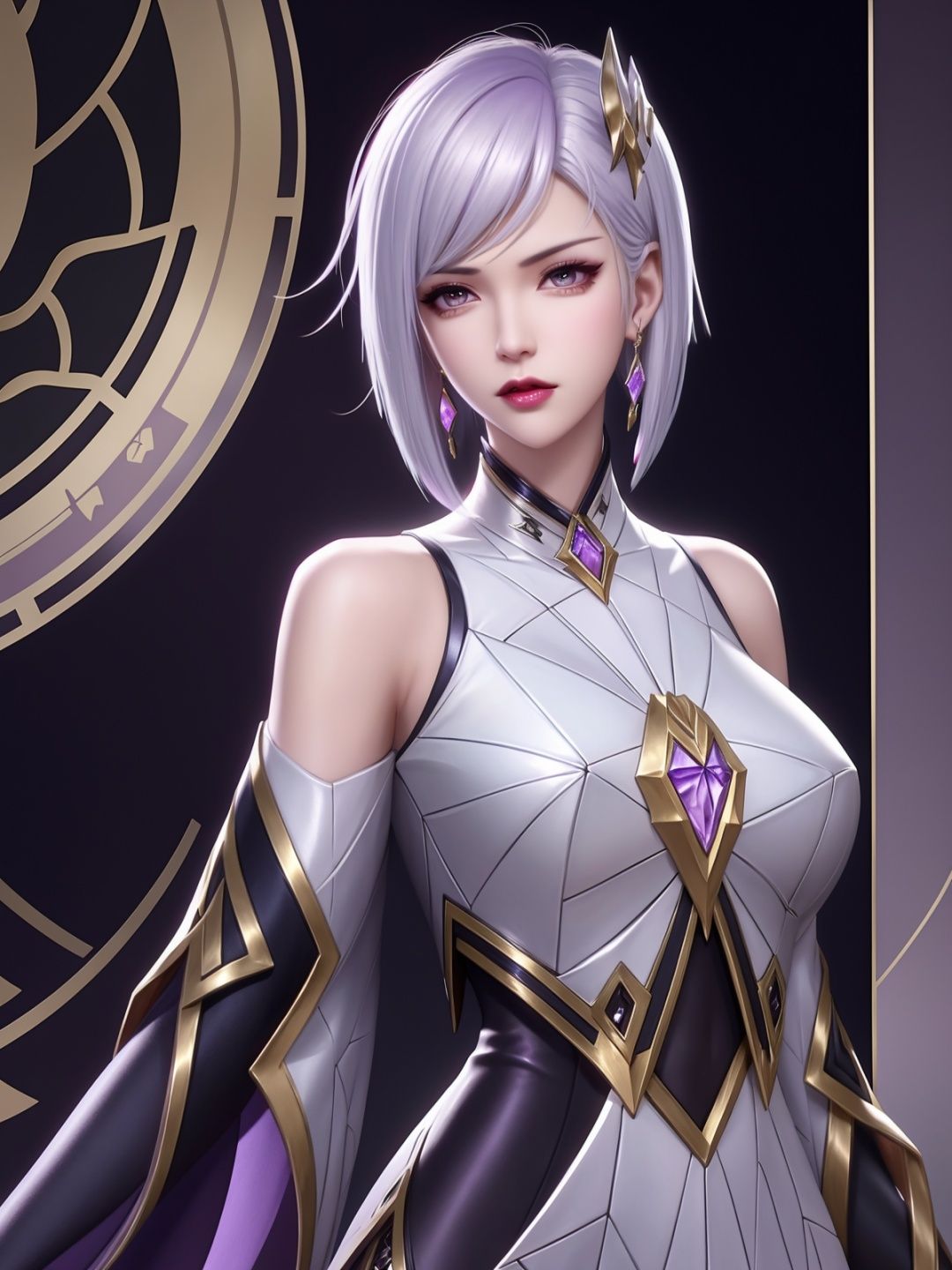 short hair,purple hair ornament,looking at viewer,cityscape,night,gem,jewelry,mature female, parted bangs, white hair, shiny hair,arms behind back,angry,  <lora:Jing_20230709202801-000007:0.7>