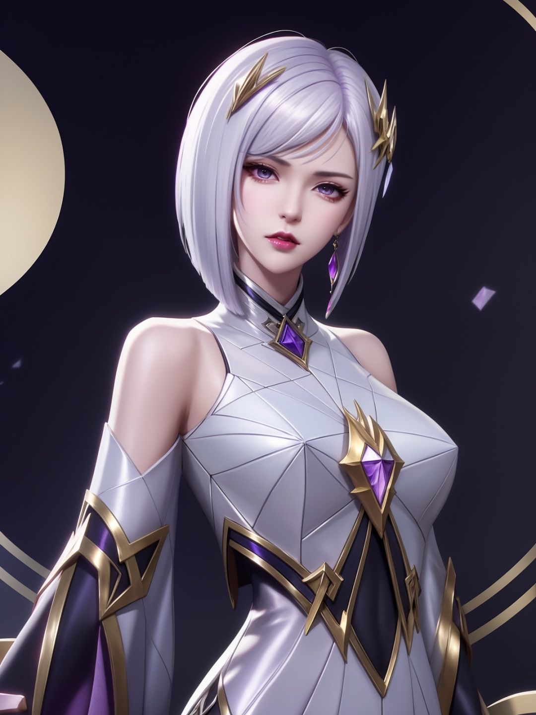 short hair,purple hair ornament,looking at viewer,cityscape,night,gem,jewelry,mature female, parted bangs, white hair, shiny hair,arms behind back,angry,  <lora:Jing_20230709202801-000007:0.7>