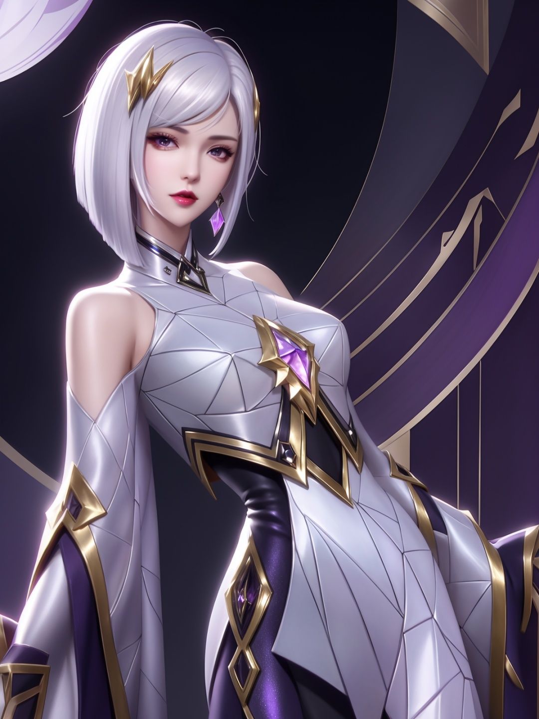 short hair,purple hair ornament,looking at viewer,cityscape,night,gem,jewelry,mature female, parted bangs, white hair, shiny hair,arms behind back,  <lora:Jing_20230709202801-000007:0.7>
