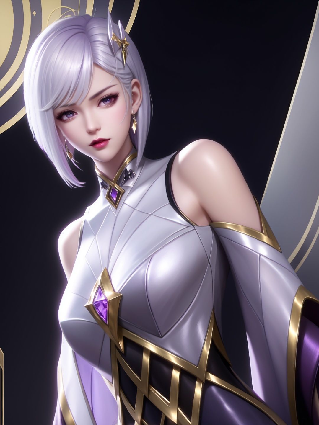 short hair,purple hair ornament,looking at viewer,cityscape,night,gem,jewelry,mature female, parted bangs, white hair, shiny hair,arms behind back,angry,  <lora:Jing_20230709202801-000007:0.7>