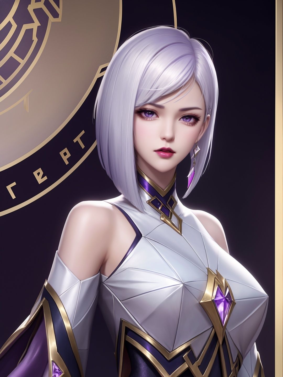 short hair,purple hair ornament,looking at viewer,cityscape,night,gem,jewelry,mature female, parted bangs, white hair, shiny hair,arms behind back,angry,  <lora:Jing_20230709202801-000007:0.7>