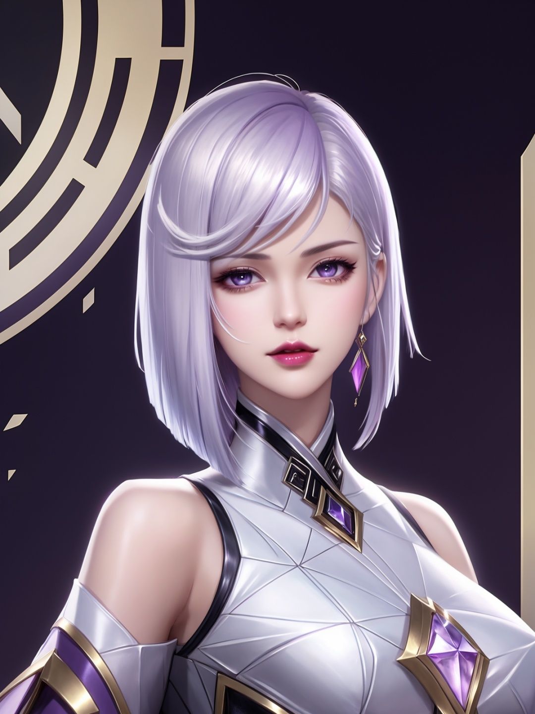 short hair,purple hair ornament,looking at viewer,cityscape,night,gem,jewelry,  <lora:Jing_20230709202801-000008:0.75>,mature female, parted bangs, white hair, shiny hair, 