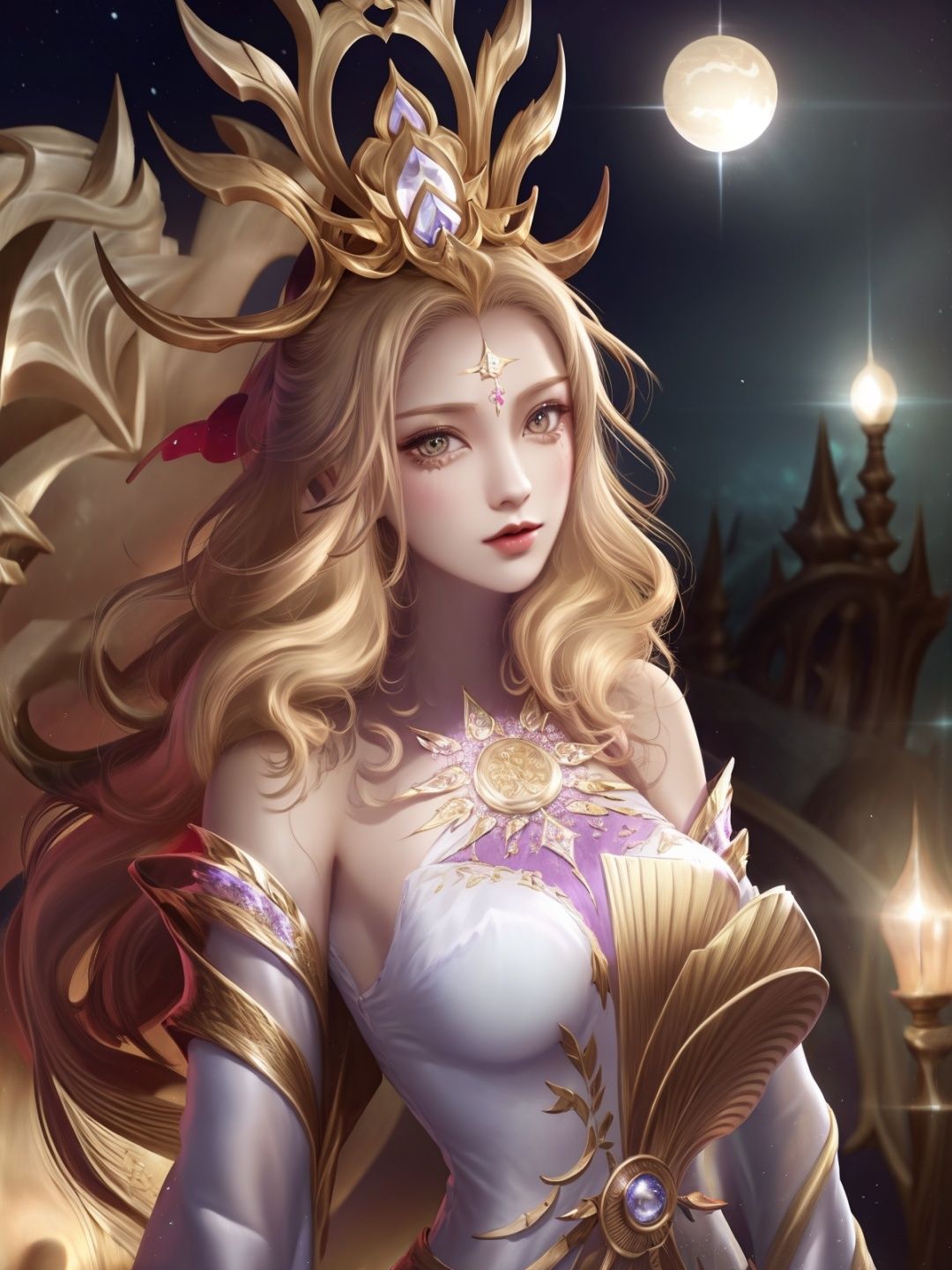 1girl,mature female,hair ornament,cityscape,night,lake,forehead mark,upper body,dress,long sleeves,arms behind back,dress,jewelry,gem,shiny,looking at viewer,standing, <lora:wuzetianNIKESIV_20230709214713-000010:0.8>