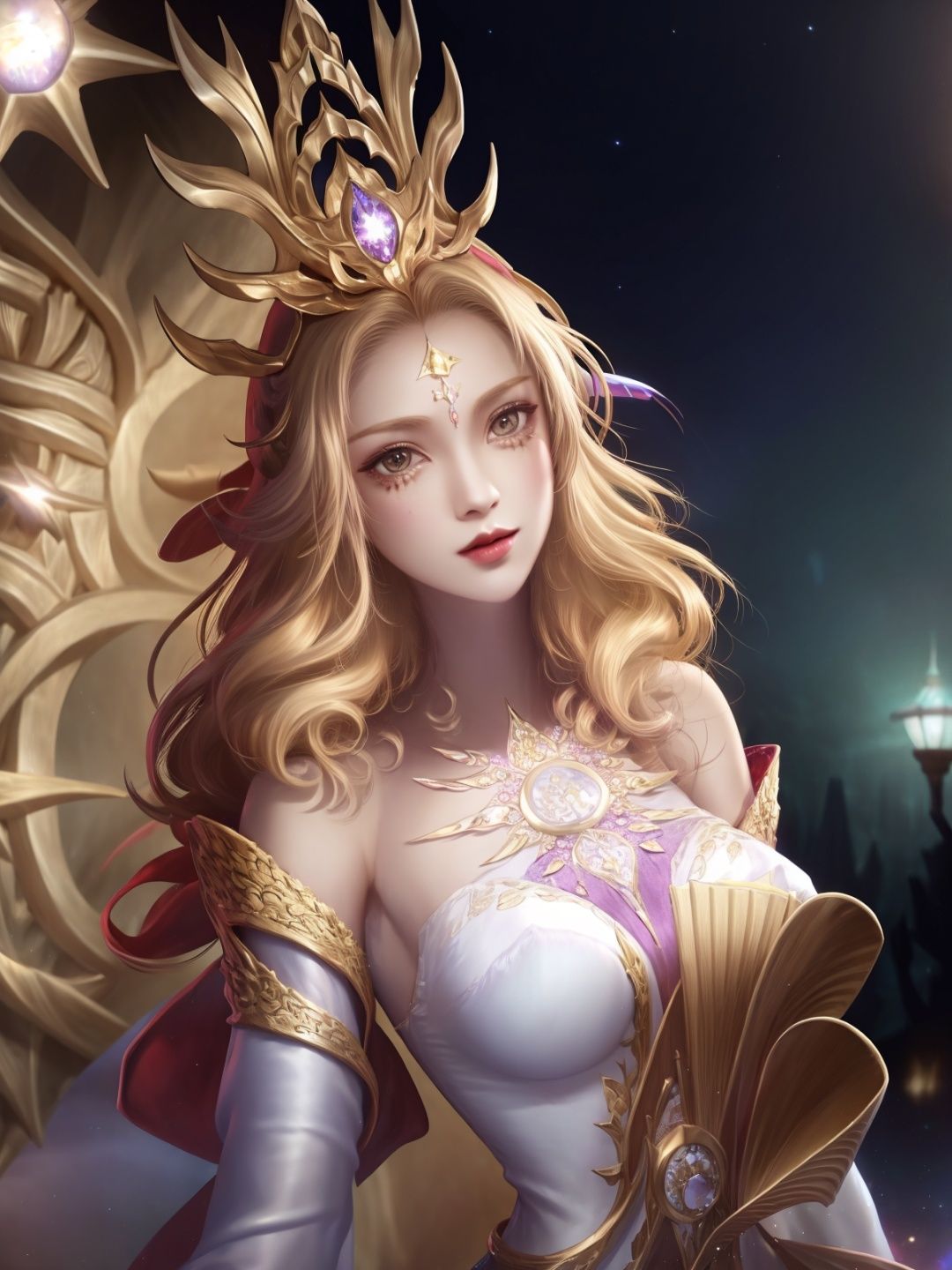 1girl,mature female,hair ornament,cityscape,night,lake,forehead mark,upper body,dress,long sleeves,arms behind back,dress,jewelry,gem,shiny,looking at viewer,standing, <lora:wuzetianNIKESIV_20230709214713-000010:0.8>
