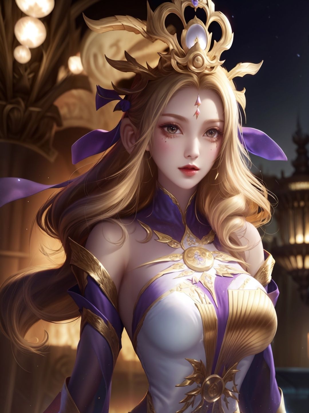 <lora:wuzetianNIKESIV_20230709214713:0.7>,1girl, mature female, hair ornament,  cityscape, night, lake, forehead mark, upper body, dress,long sleeves, arms behind back,