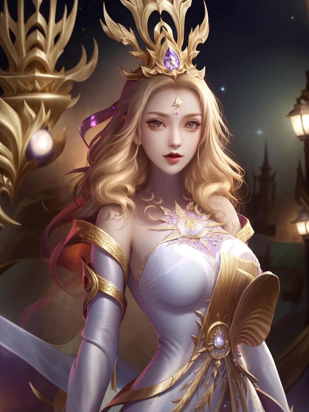 1girl,mature female,hair ornament,cityscape,night,lake,forehead mark,upper body,dress,long sleeves,arms behind back,dress,jewelry,gem,shiny,looking at viewer,standing, <lora:wuzetianNIKESIV_20230709214713-000010:0.8>