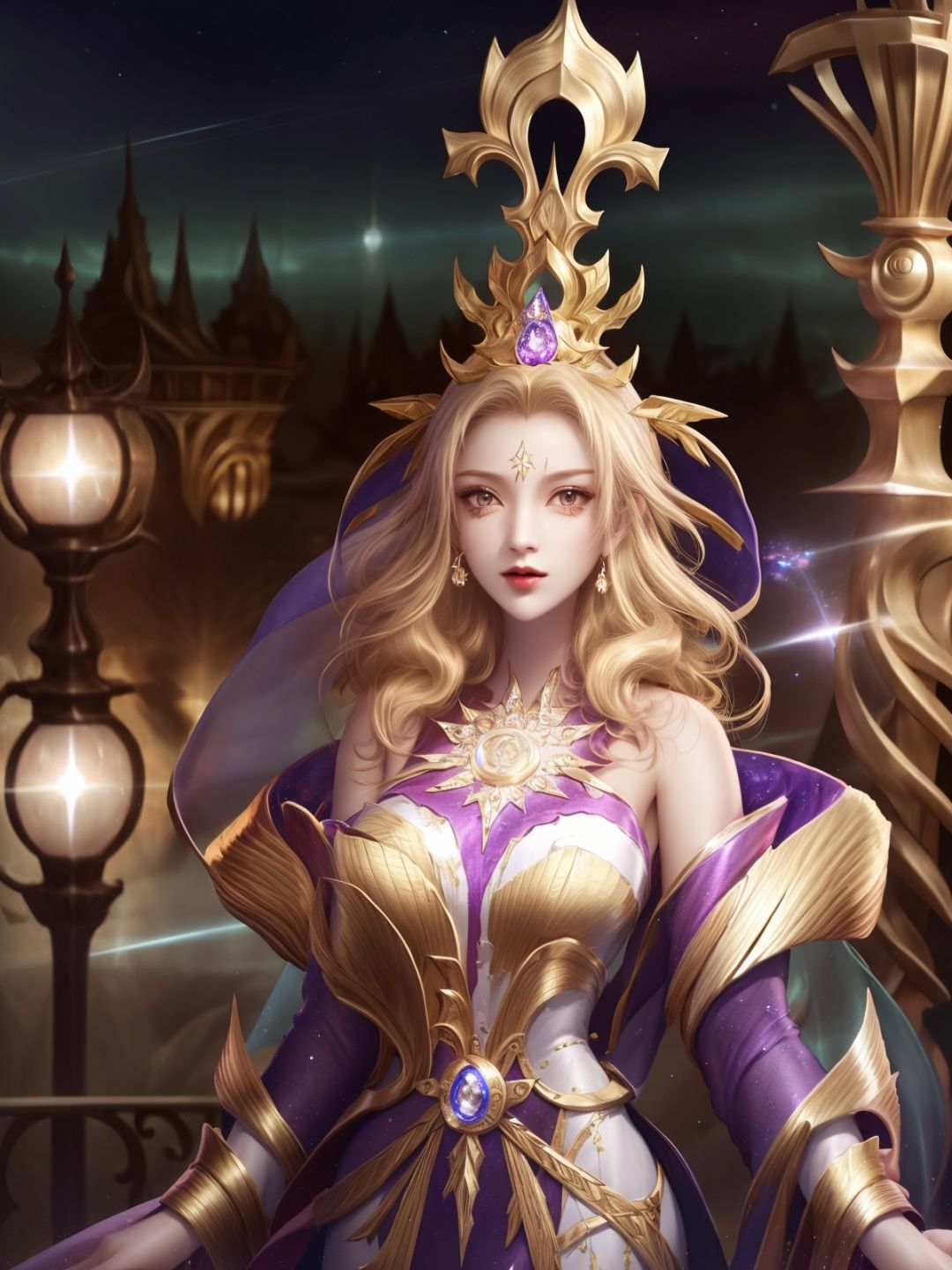 1girl,mature female,hair ornament,cityscape,night,lake,forehead mark,upper body,dress,long sleeves,arms behind back,dress,jewelry,gem,shiny,looking at viewer,standing, <lora:wuzetianNIKESIV_20230709214713-000010:0.8>