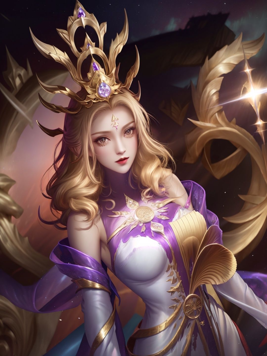 1girl,mature female,hair ornament,cityscape,night,lake,forehead mark,upper body,dress,long sleeves,arms behind back,dress,jewelry,gem,shiny,looking at viewer,standing, <lora:wuzetianNIKESIV_20230709214713-000010:0.8>