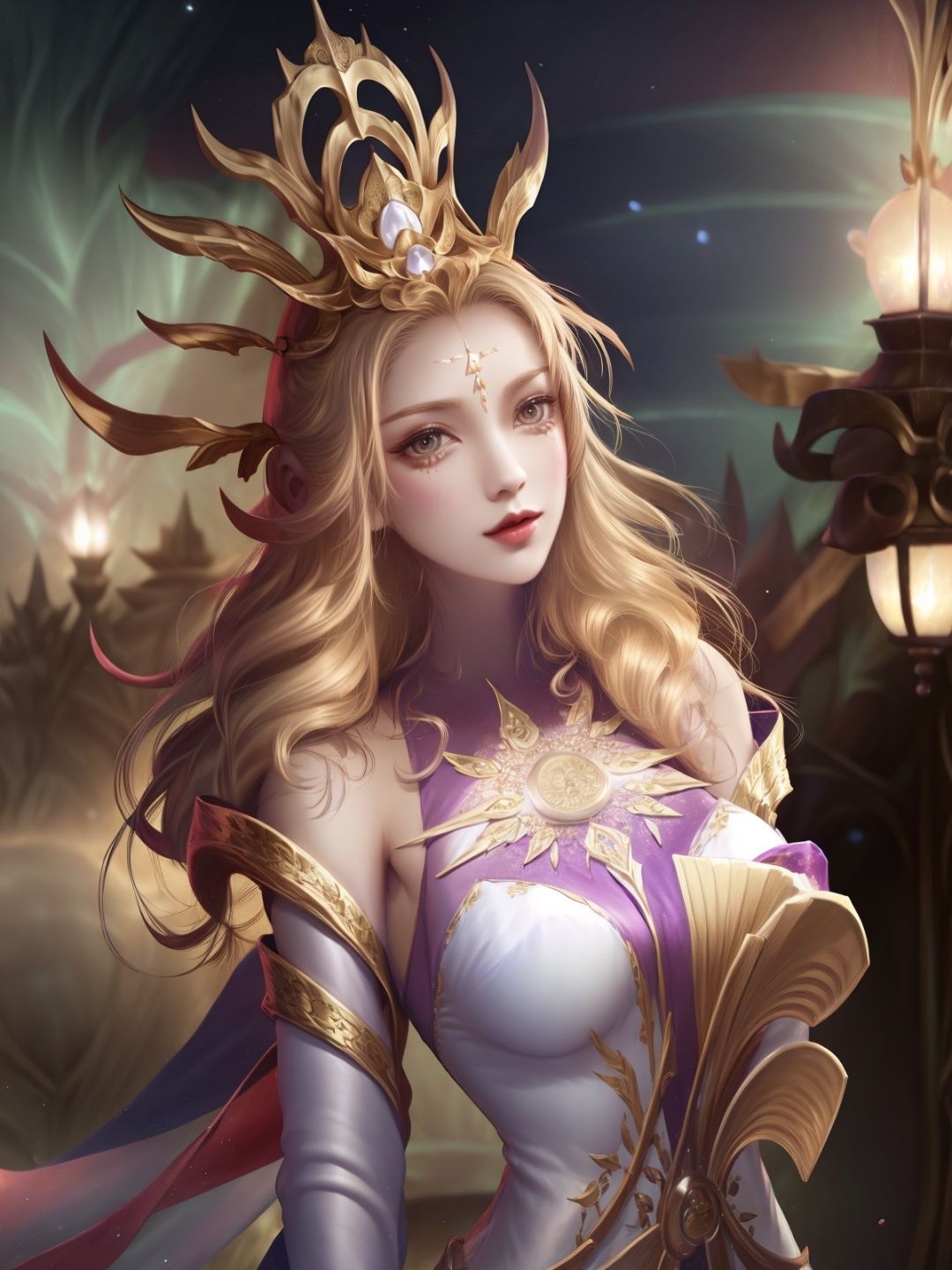 <lora:wuzetianNIKESIV_20230709214713:0.8>,1girl, mature female, hair ornament,  cityscape, night, lake, forehead mark, upper body, dress,long sleeves, arms behind back,dress, 