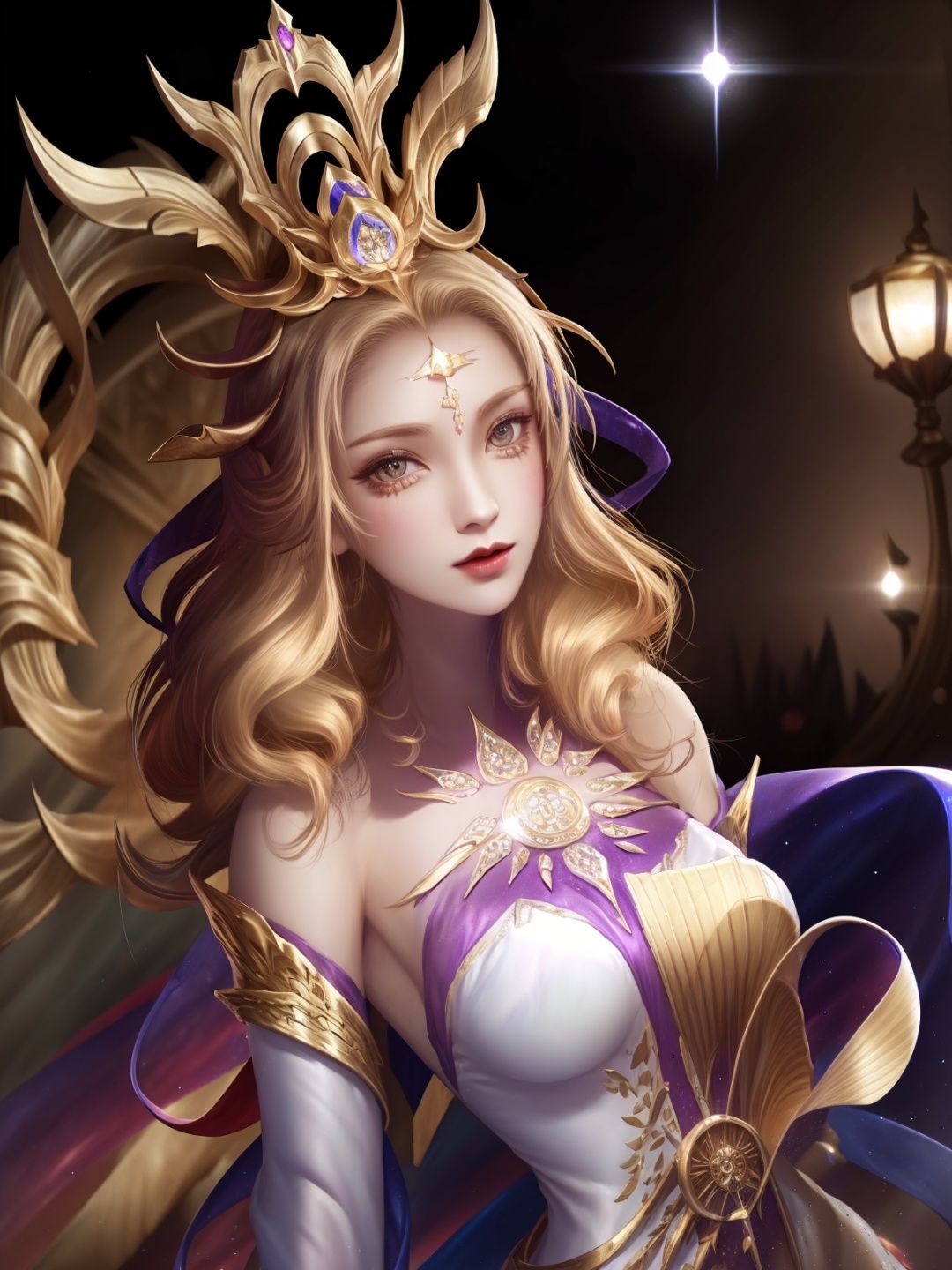 1girl,mature female,hair ornament,cityscape,night,lake,forehead mark,upper body,dress,long sleeves,arms behind back,dress,jewelry,gem,shiny,looking at viewer,standing, <lora:wuzetianNIKESIV_20230709214713-000010:0.8>