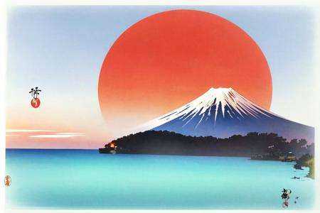 ohara koson,  mount fuji,  clear sky on Tensor.Art