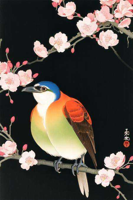 ohara koson,  bird,  black background on Tensor.Art